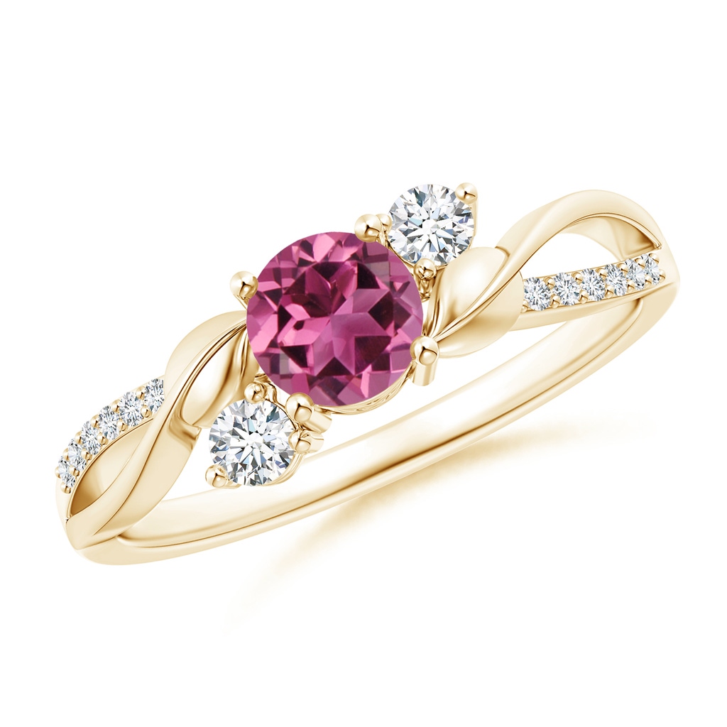 5mm AAAA Pink Tourmaline and Diamond Twisted Vine Ring in Yellow Gold