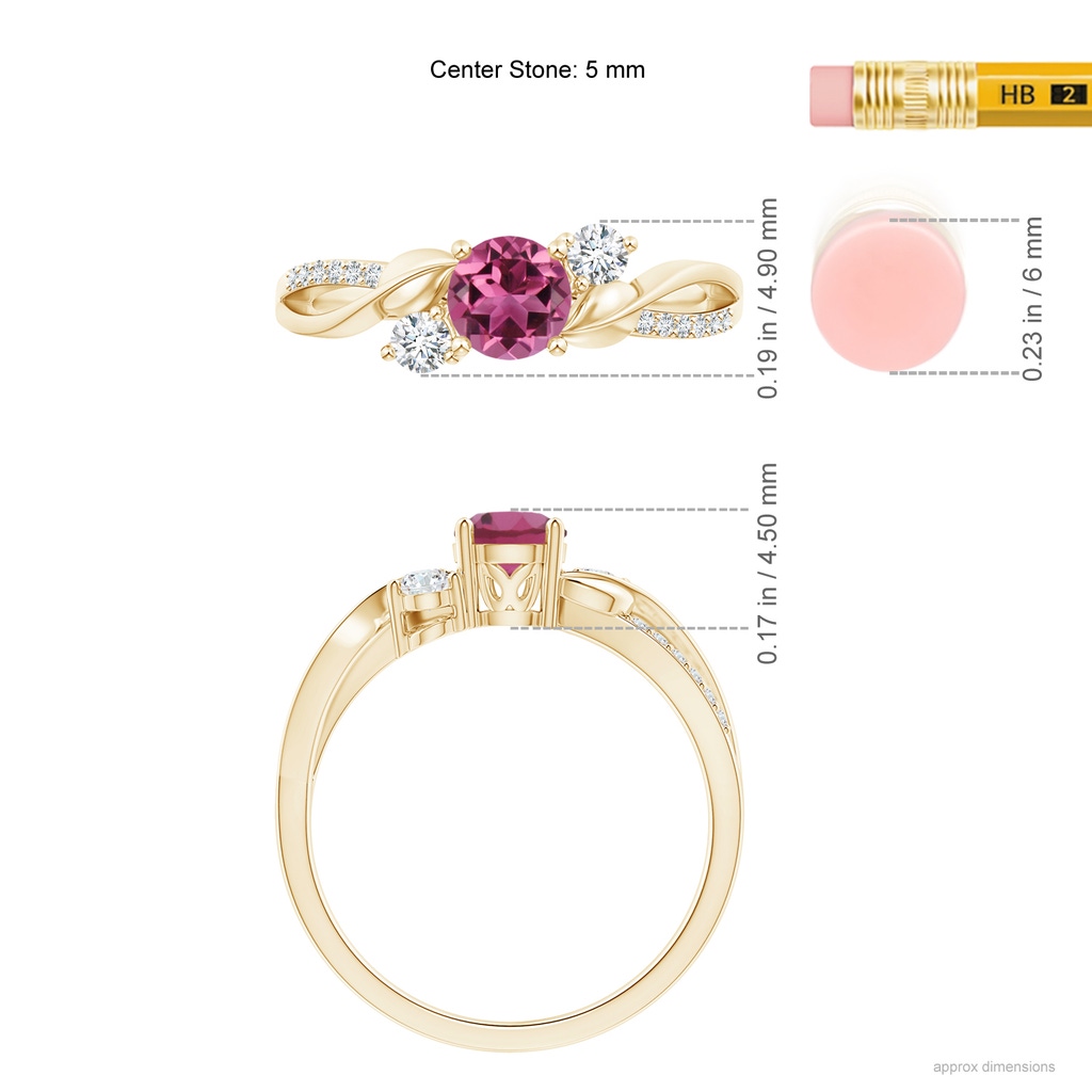 5mm AAAA Pink Tourmaline and Diamond Twisted Vine Ring in Yellow Gold Ruler