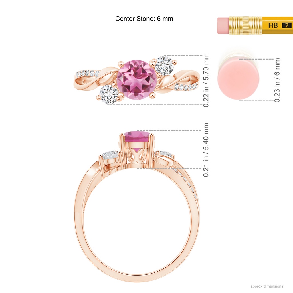 6mm AAA Pink Tourmaline and Diamond Twisted Vine Ring in Rose Gold Ruler