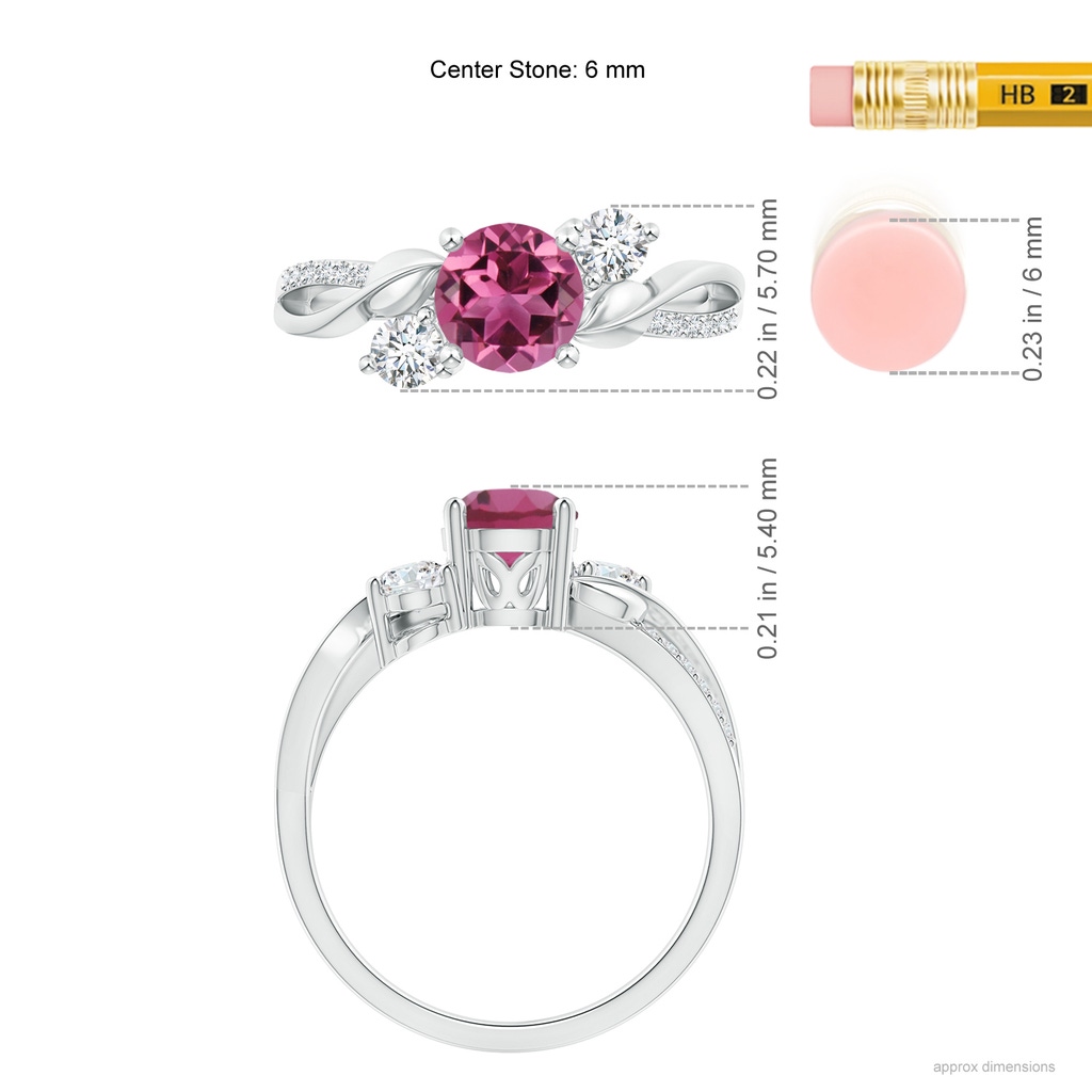 6mm AAAA Pink Tourmaline and Diamond Twisted Vine Ring in P950 Platinum Ruler