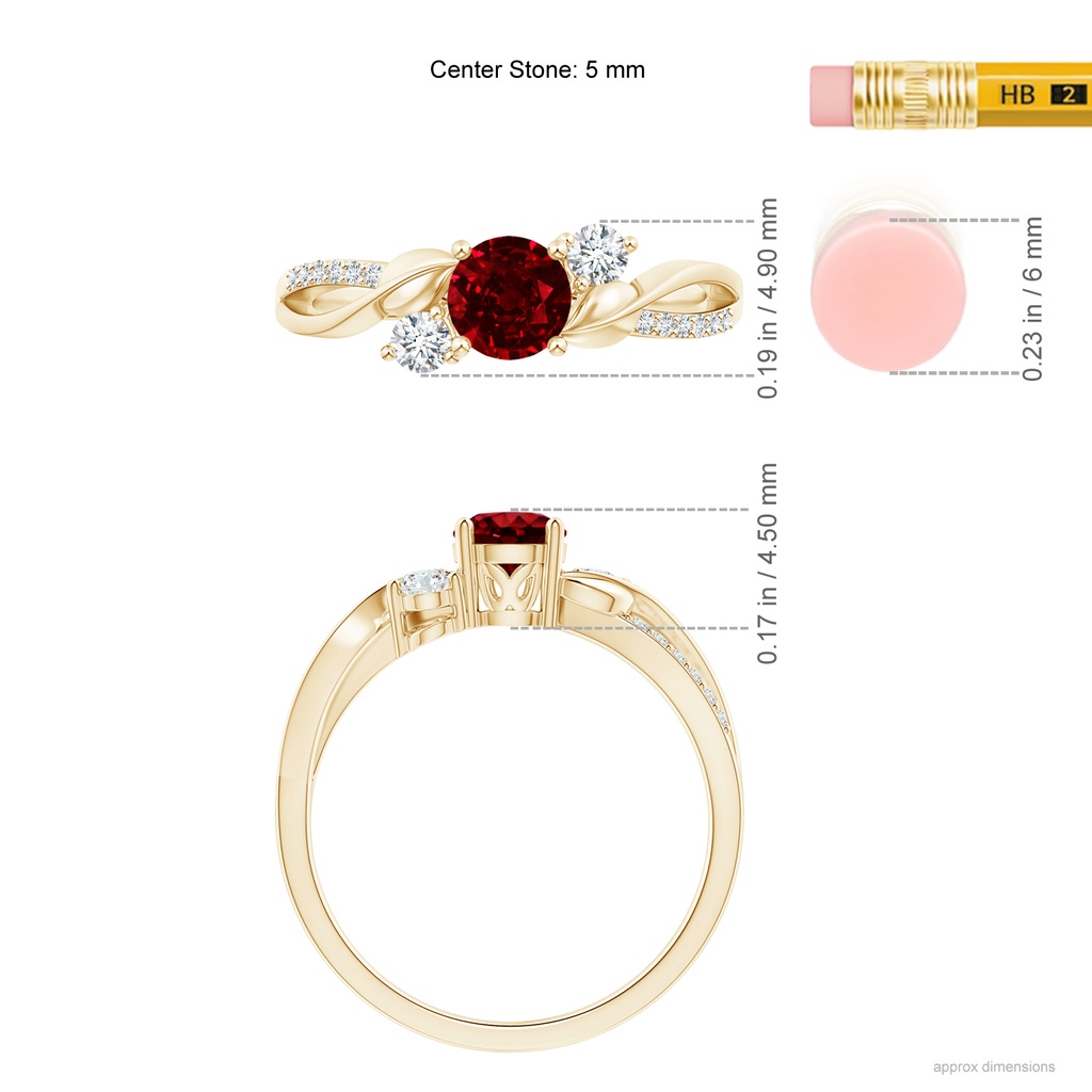 5mm AAAA Ruby and Diamond Twisted Vine Ring in Yellow Gold ruler