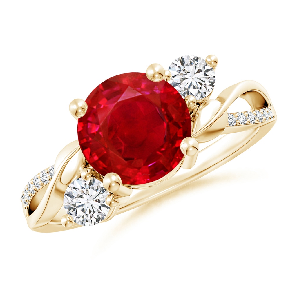 8mm AAA Ruby and Diamond Twisted Vine Ring in Yellow Gold 