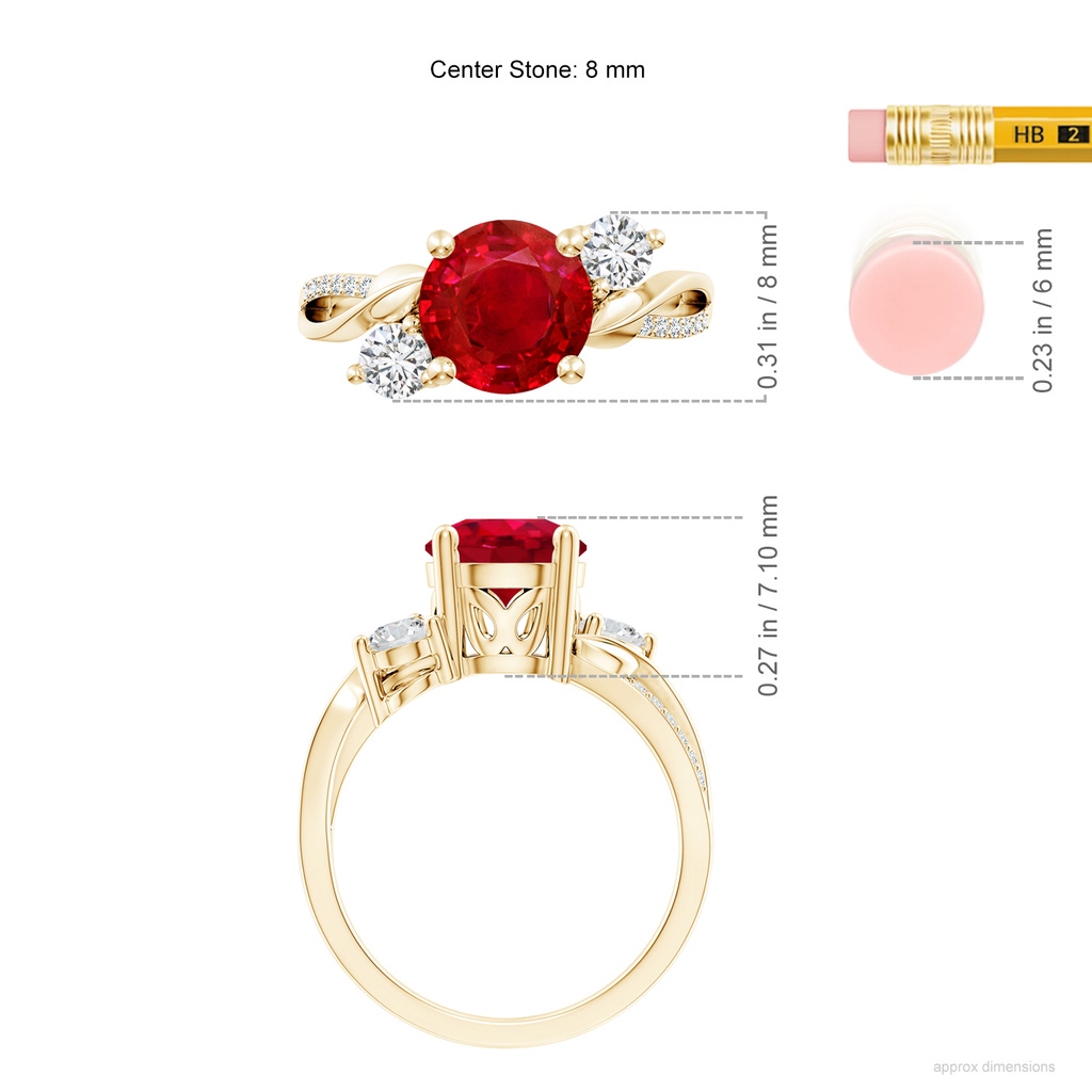 8mm AAA Ruby and Diamond Twisted Vine Ring in Yellow Gold ruler