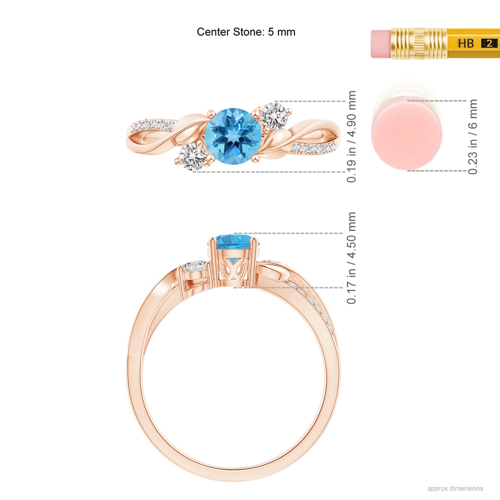 5mm AA Swiss Blue Topaz and Diamond Twisted Vine Ring in Rose Gold Ruler