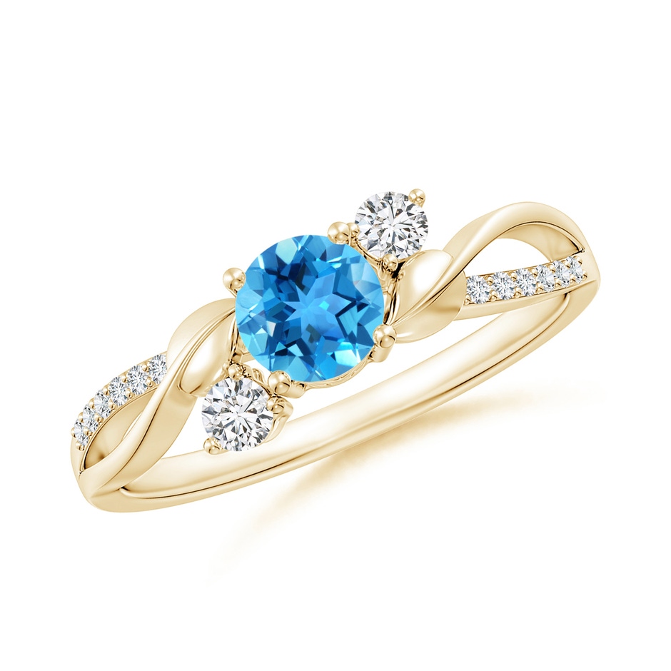 5mm AAA Swiss Blue Topaz and Diamond Twisted Vine Ring in Yellow Gold 