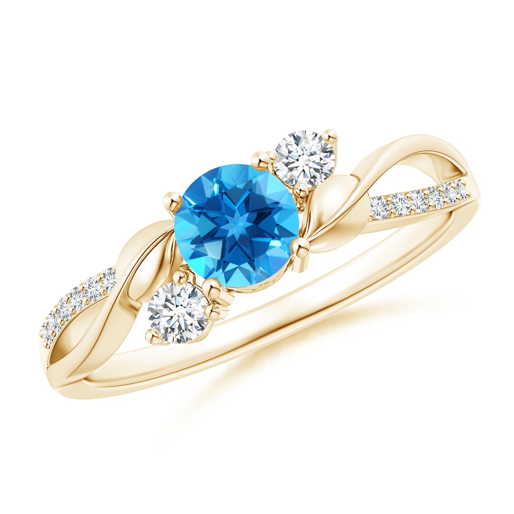 5mm AAAA Swiss Blue Topaz and Diamond Twisted Vine Ring in Yellow Gold