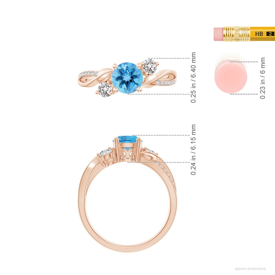 6mm AA Swiss Blue Topaz and Diamond Twisted Vine Ring in Rose Gold ruler