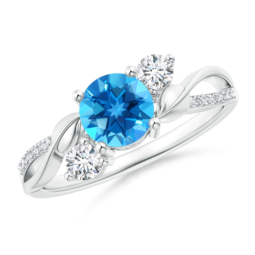 6mm AAAA Swiss Blue Topaz and Diamond Twisted Vine Ring in White Gold