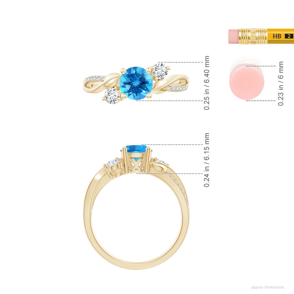 6mm AAAA Swiss Blue Topaz and Diamond Twisted Vine Ring in Yellow Gold ruler