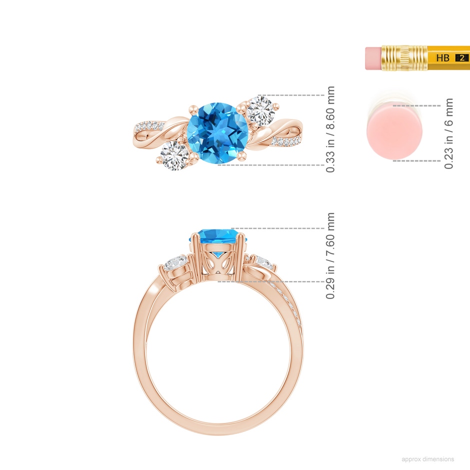 7mm AAA Swiss Blue Topaz and Diamond Twisted Vine Ring in Rose Gold ruler