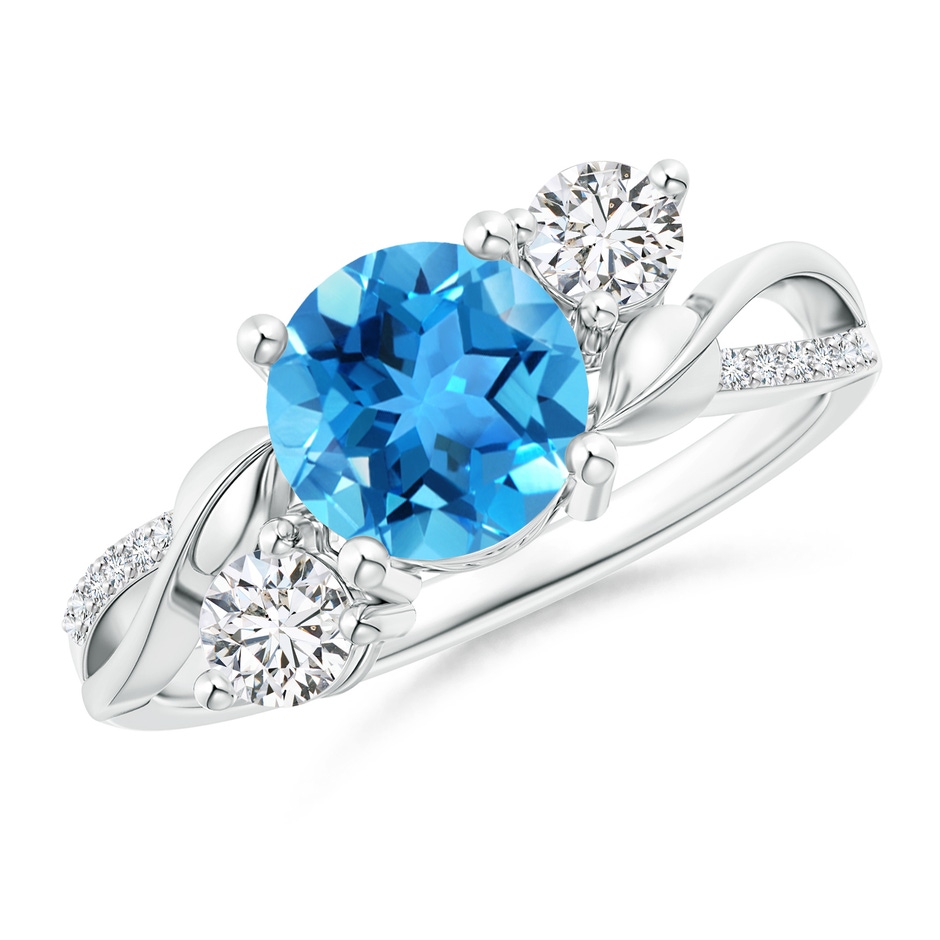 7mm AAA Swiss Blue Topaz and Diamond Twisted Vine Ring in White Gold 