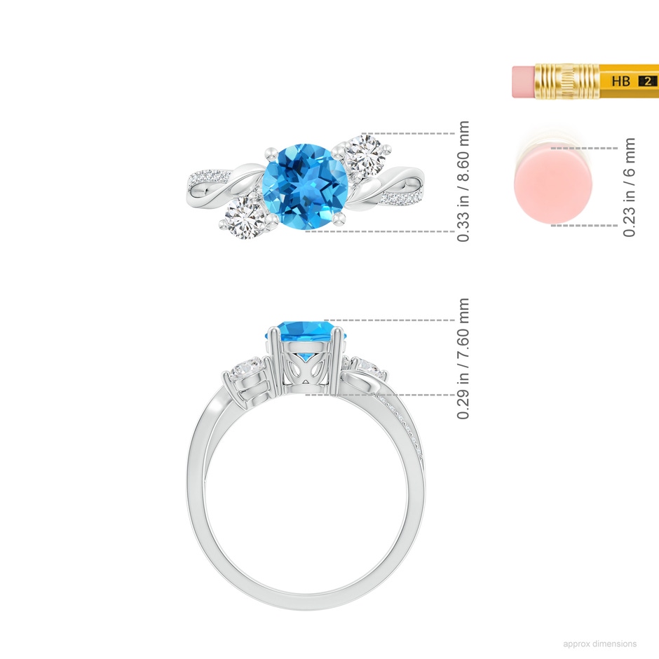 7mm AAA Swiss Blue Topaz and Diamond Twisted Vine Ring in White Gold ruler