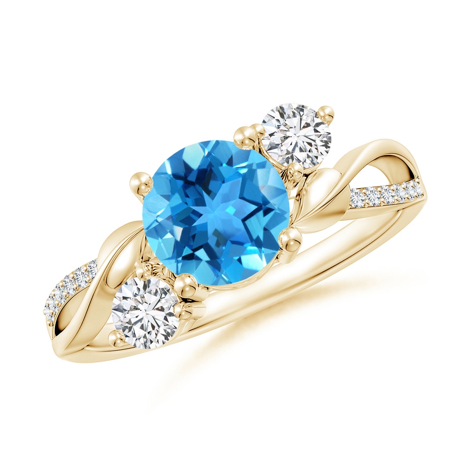 7mm AAA Swiss Blue Topaz and Diamond Twisted Vine Ring in Yellow Gold 