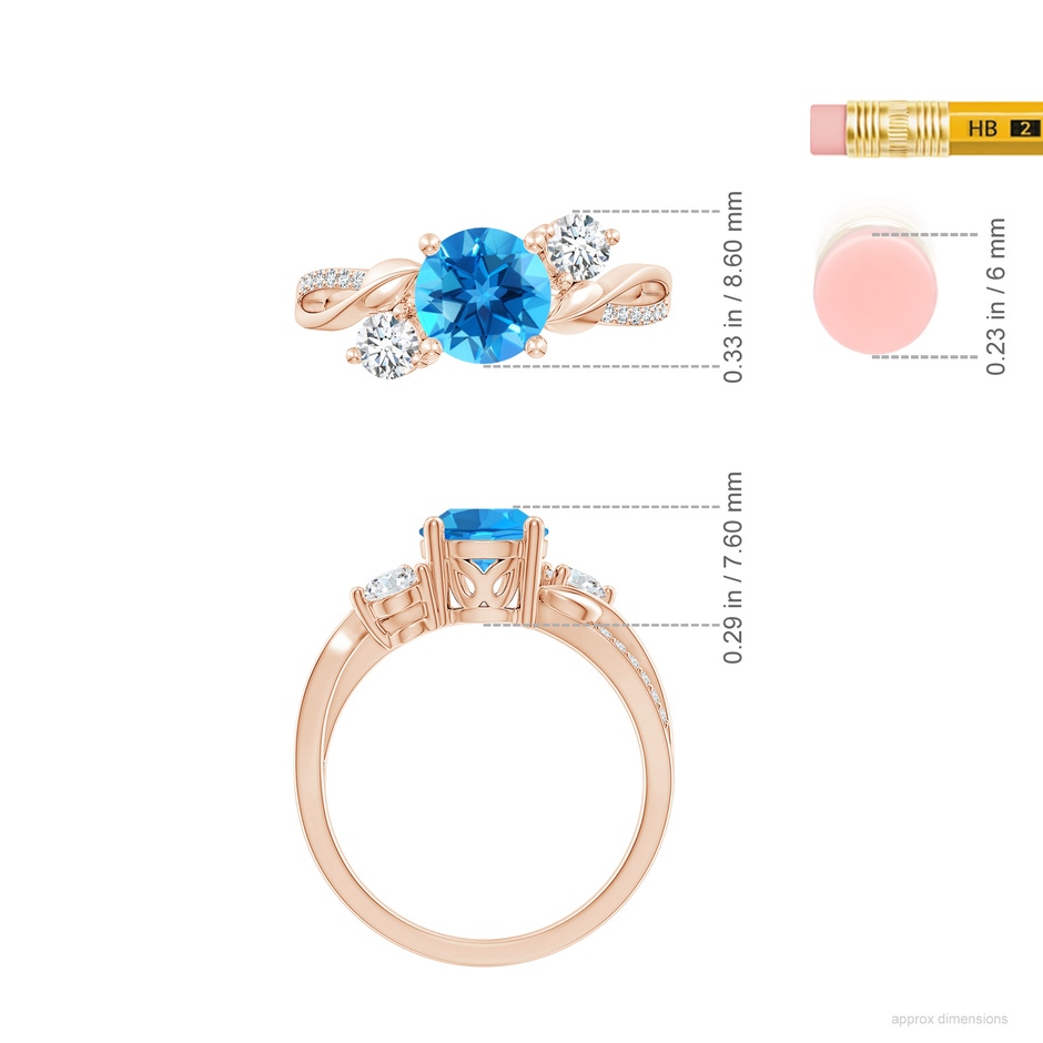 7mm AAAA Swiss Blue Topaz and Diamond Twisted Vine Ring in Rose Gold ruler