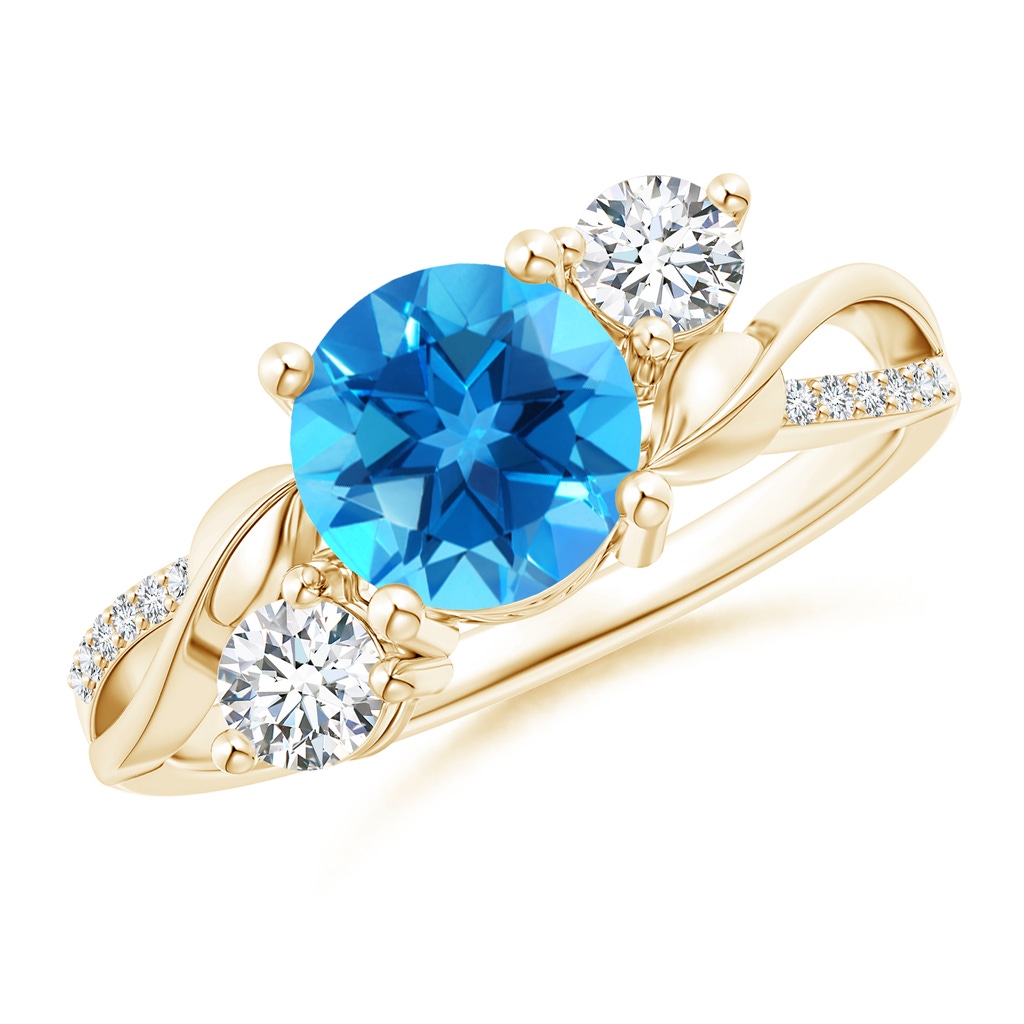 7mm AAAA Swiss Blue Topaz and Diamond Twisted Vine Ring in Yellow Gold