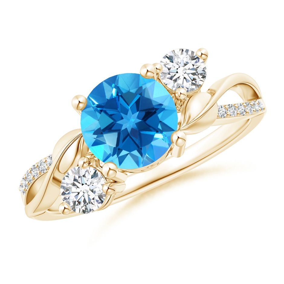 7mm AAAA Swiss Blue Topaz and Diamond Twisted Vine Ring in Yellow Gold 