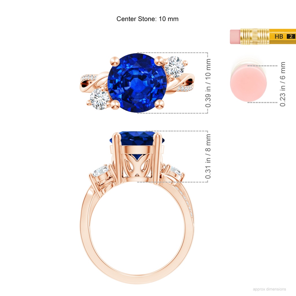 10mm AAAA Sapphire and Diamond Twisted Vine Ring in Rose Gold ruler