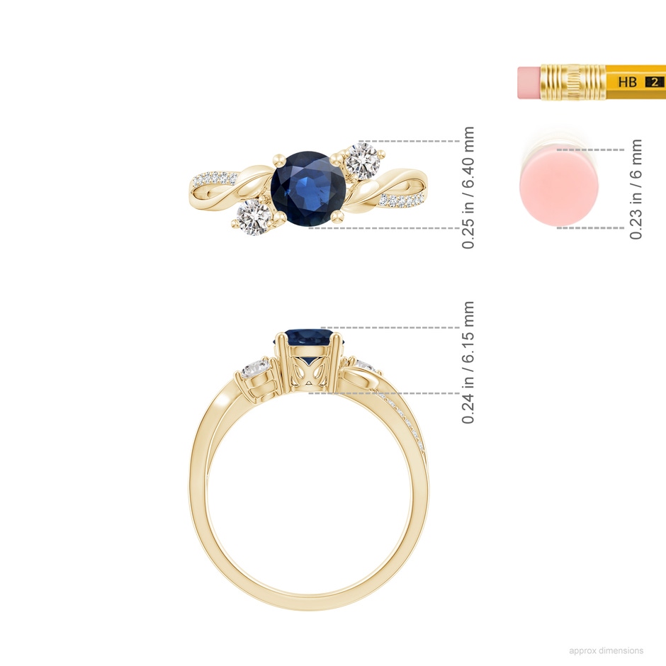 6mm AA Sapphire and Diamond Twisted Vine Ring in Yellow Gold ruler