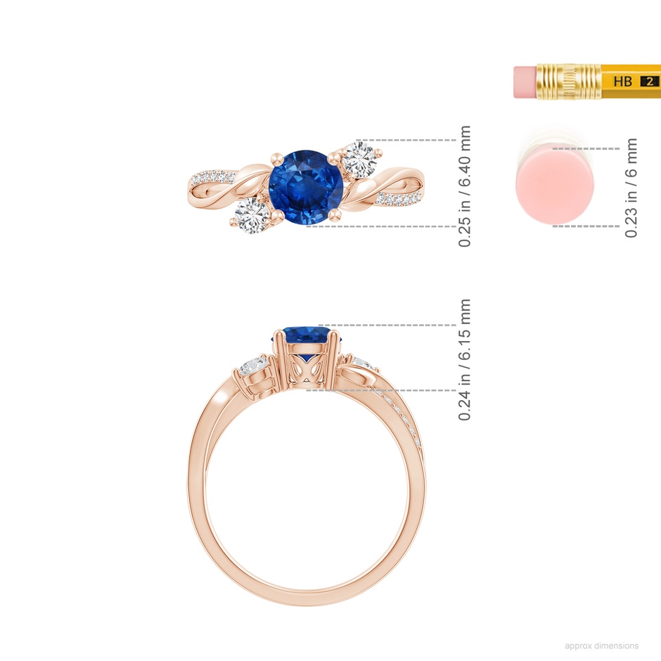 6mm AAA Sapphire and Diamond Twisted Vine Ring in Rose Gold ruler