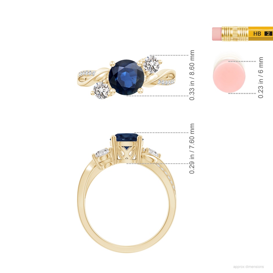 7mm AA Sapphire and Diamond Twisted Vine Ring in Yellow Gold ruler