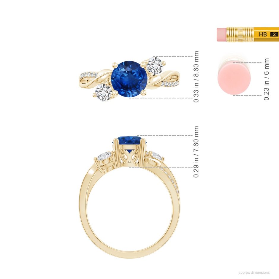 7mm AAA Sapphire and Diamond Twisted Vine Ring in Yellow Gold ruler