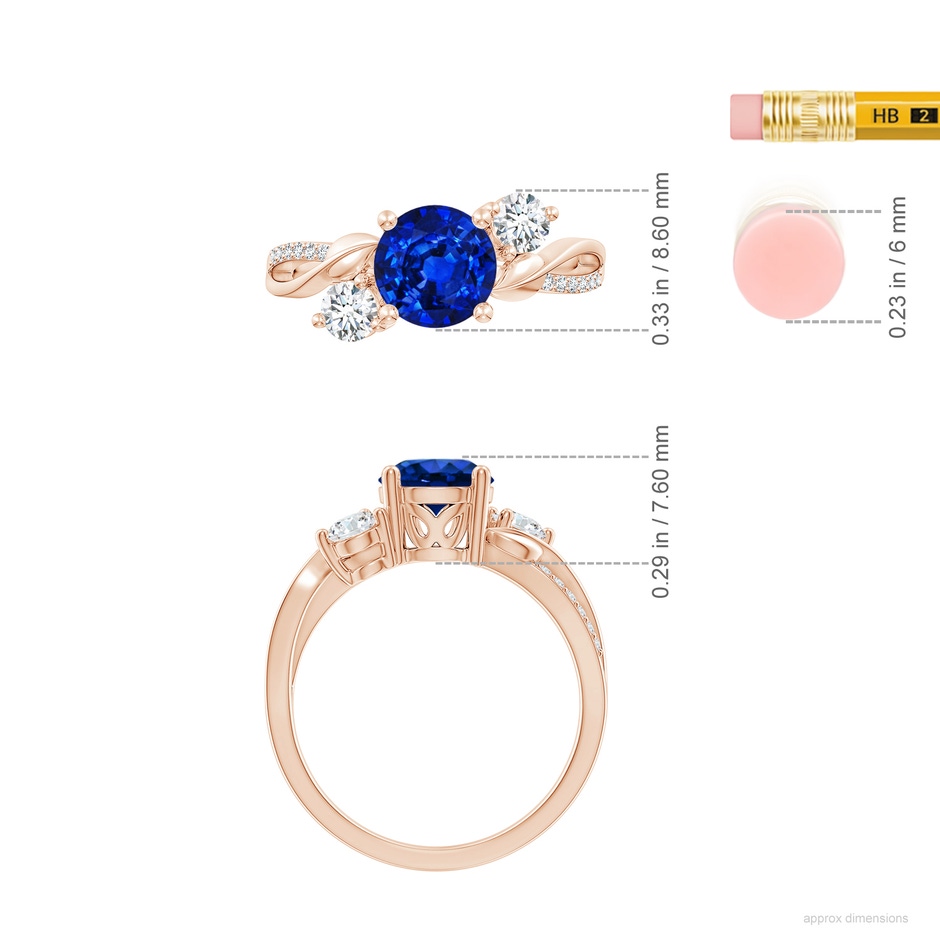 7mm AAAA Sapphire and Diamond Twisted Vine Ring in Rose Gold ruler