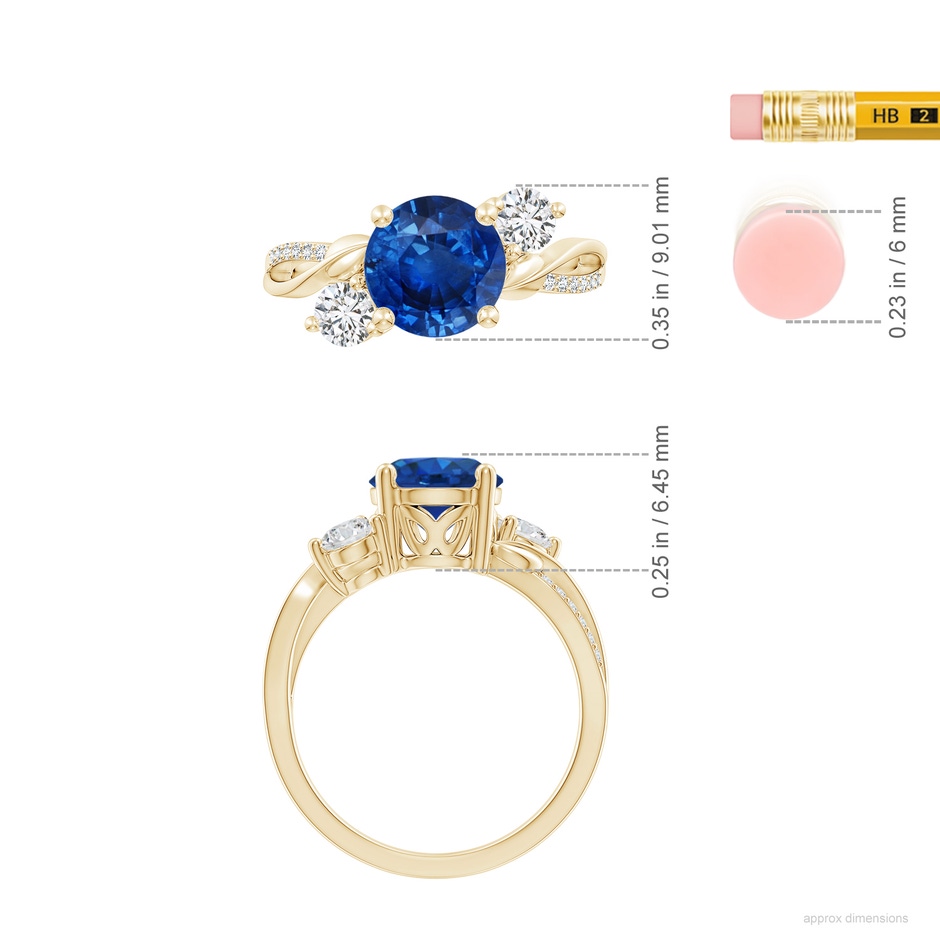 8mm AAA Sapphire and Diamond Twisted Vine Ring in Yellow Gold ruler