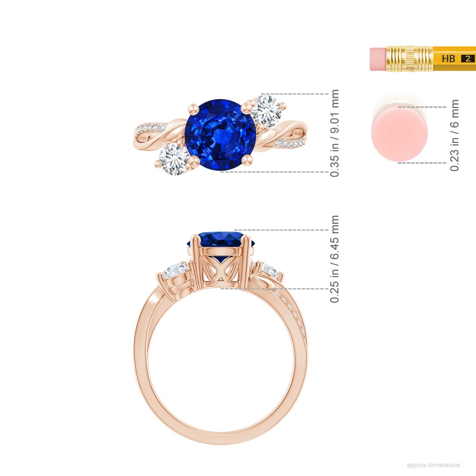 8mm AAAA Sapphire and Diamond Twisted Vine Ring in Rose Gold ruler