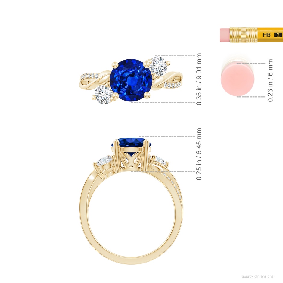 8mm AAAA Sapphire and Diamond Twisted Vine Ring in Yellow Gold ruler