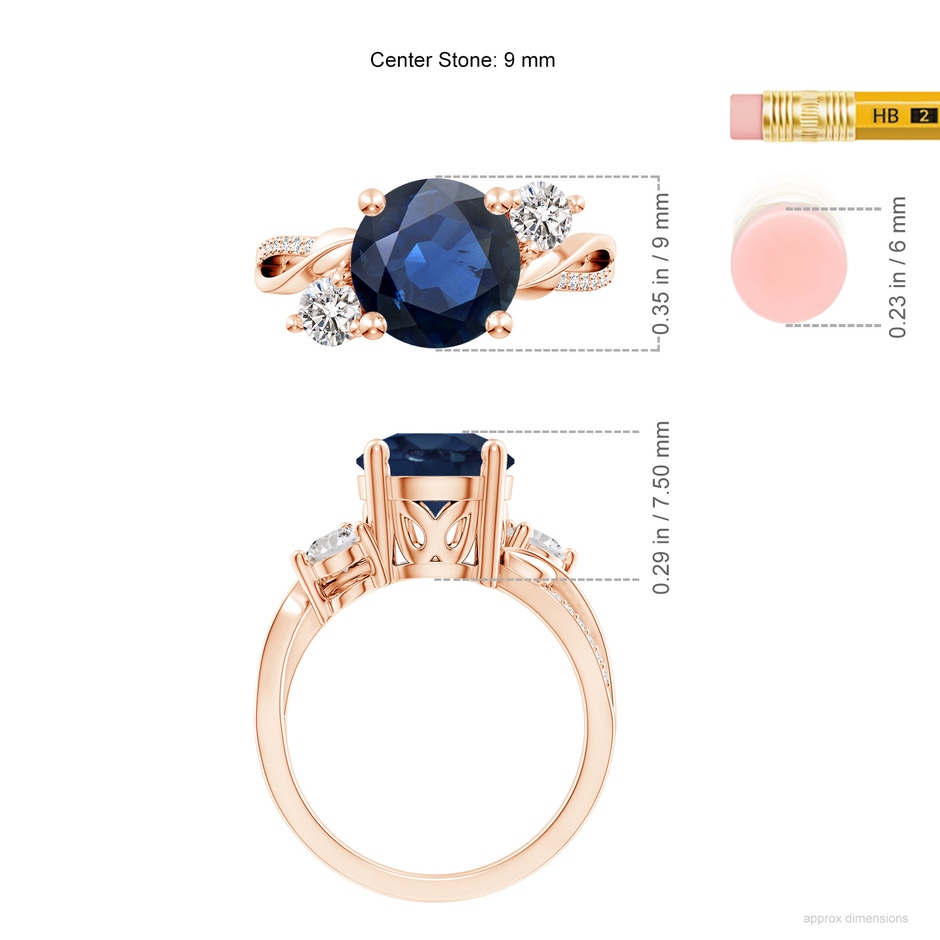 9mm AA Sapphire and Diamond Twisted Vine Ring in Rose Gold ruler