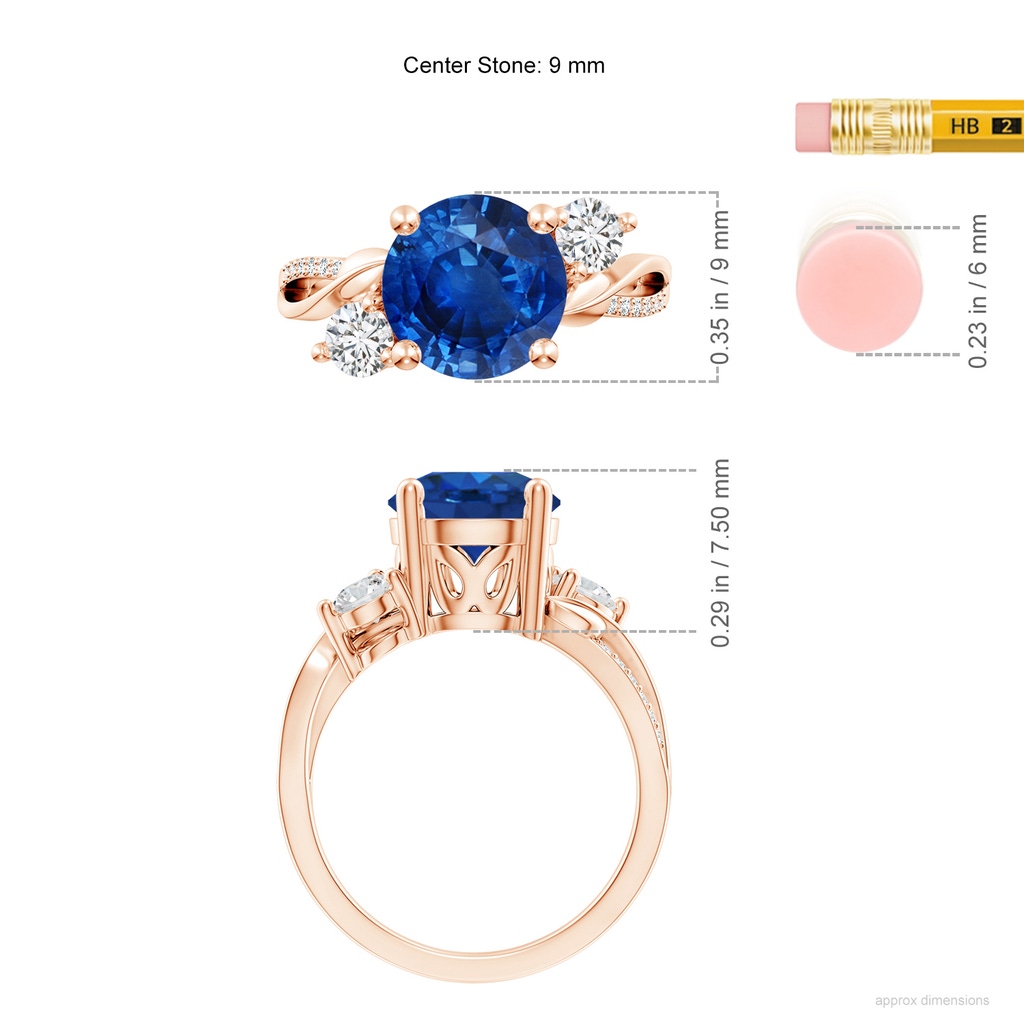 9mm AAA Sapphire and Diamond Twisted Vine Ring in Rose Gold ruler