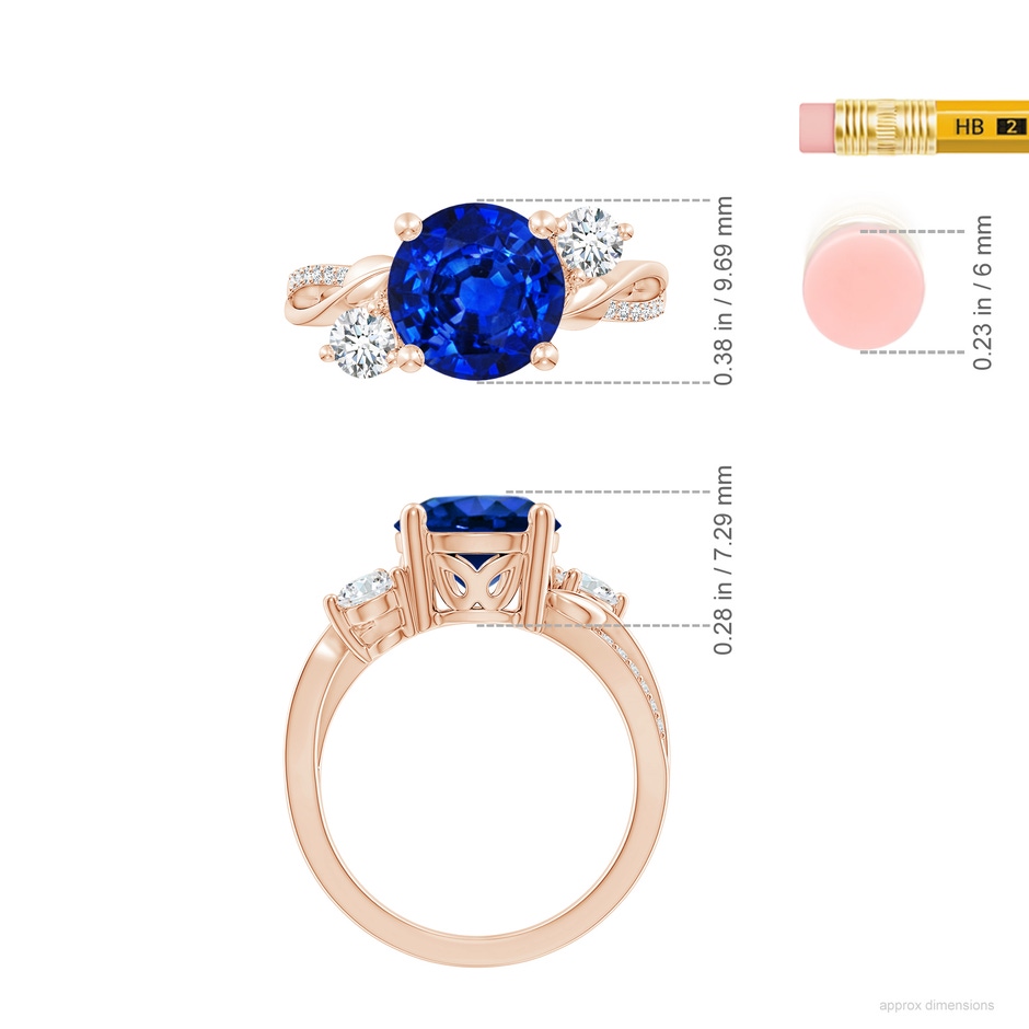 9mm AAAA Sapphire and Diamond Twisted Vine Ring in Rose Gold ruler