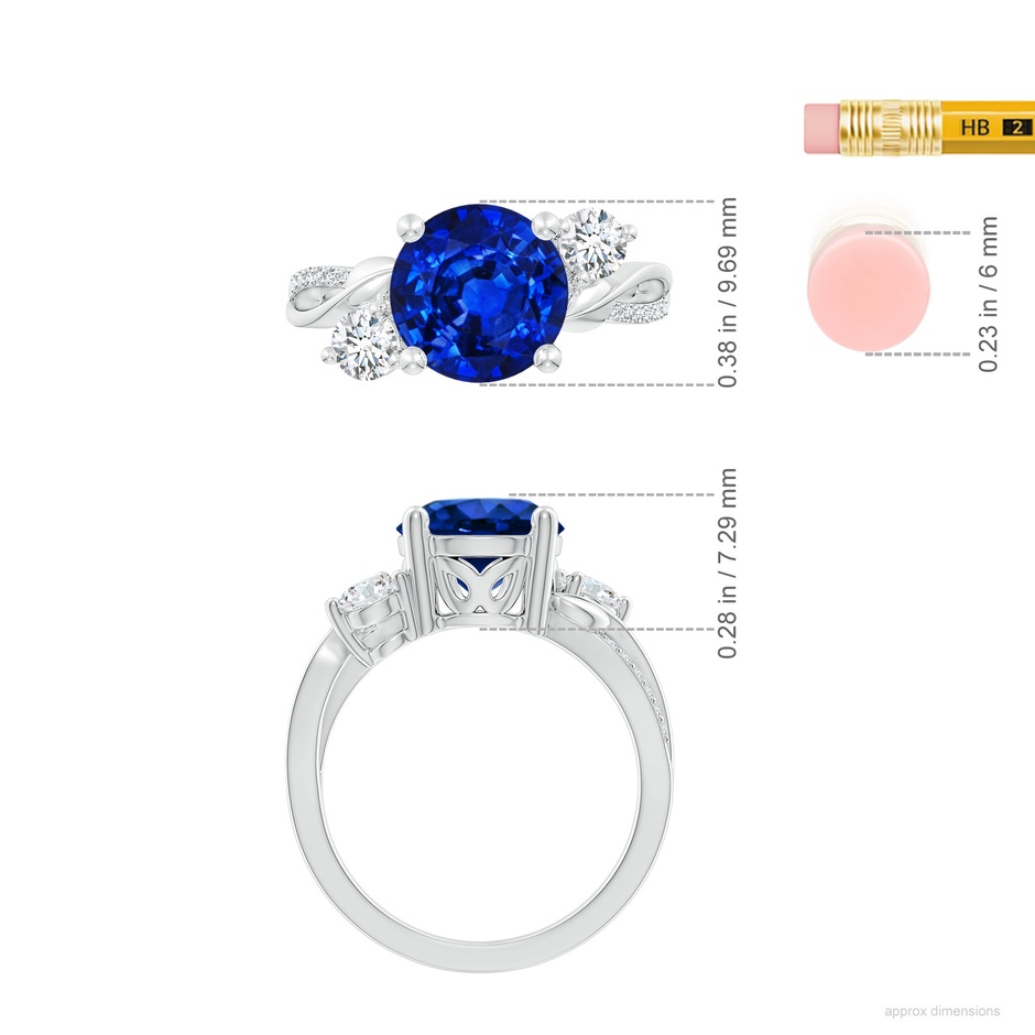 9mm AAAA Sapphire and Diamond Twisted Vine Ring in White Gold ruler