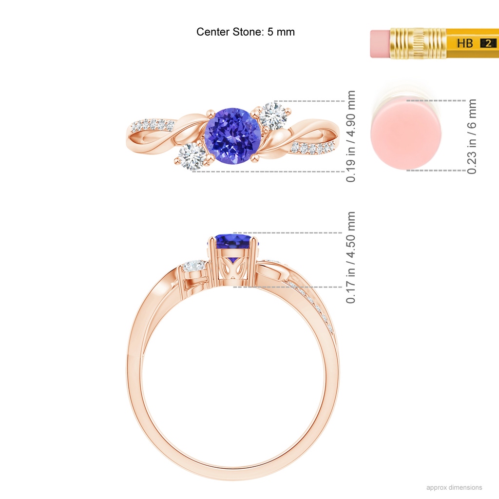 5mm AAAA Tanzanite and Diamond Twisted Vine Ring in Rose Gold Ruler