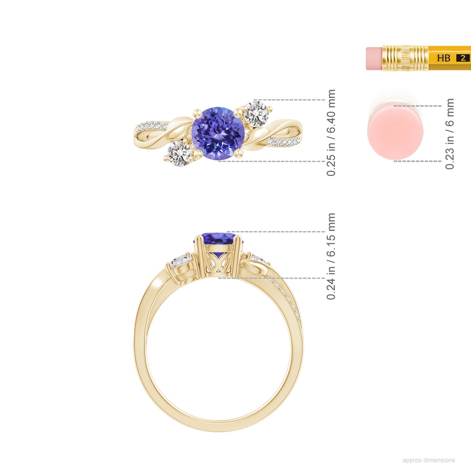 6mm AA Tanzanite and Diamond Twisted Vine Ring in Yellow Gold ruler