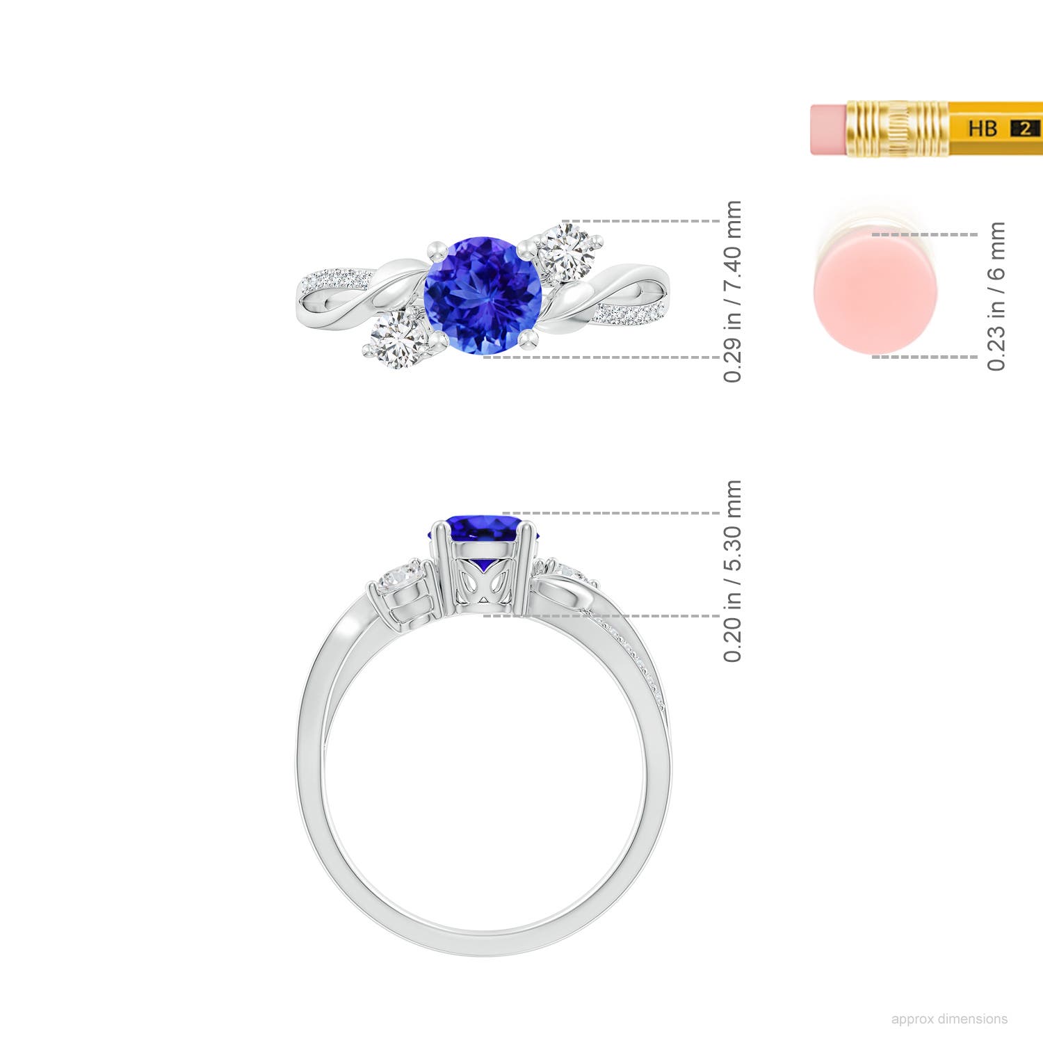 6mm AAA Tanzanite and Diamond Twisted Vine Ring in White Gold - ruler