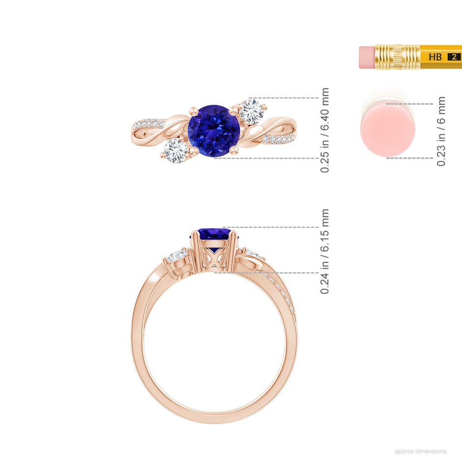 6mm AAAA Tanzanite and Diamond Twisted Vine Ring in Rose Gold ruler