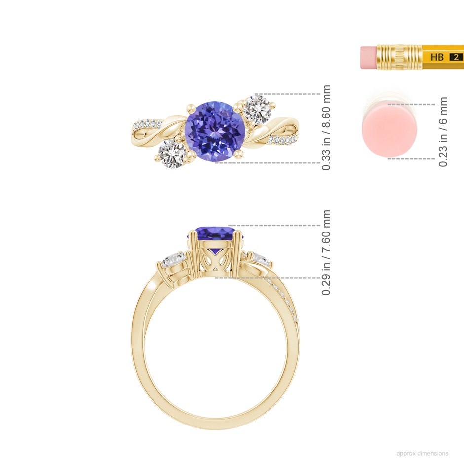 7mm AA Tanzanite and Diamond Twisted Vine Ring in Yellow Gold ruler