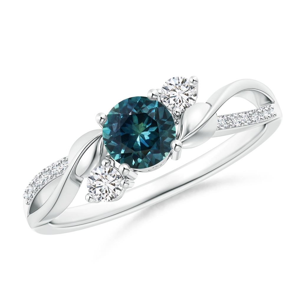 5mm AAA Teal Montana Sapphire and Diamond Twisted Vine Ring in White Gold