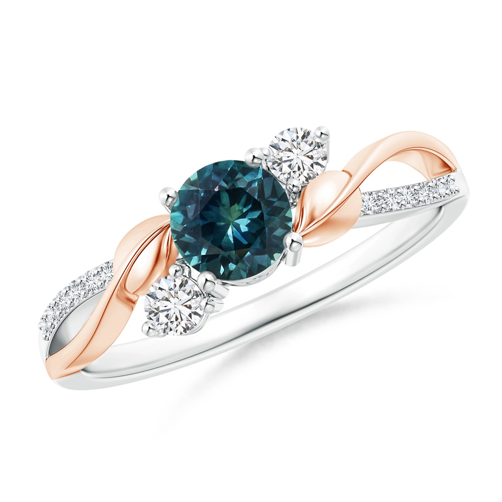 5mm AAA Teal Montana Sapphire and Diamond Twisted Vine Ring in White Gold Rose Gold