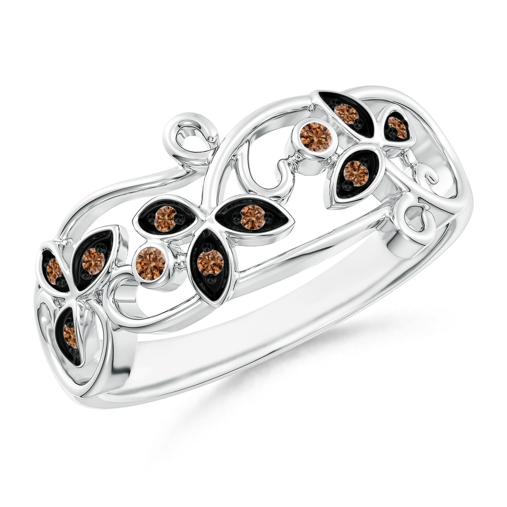 1.5mm AAAA Vintage Style Brown Diamond Flower Scroll Ring in White Gold