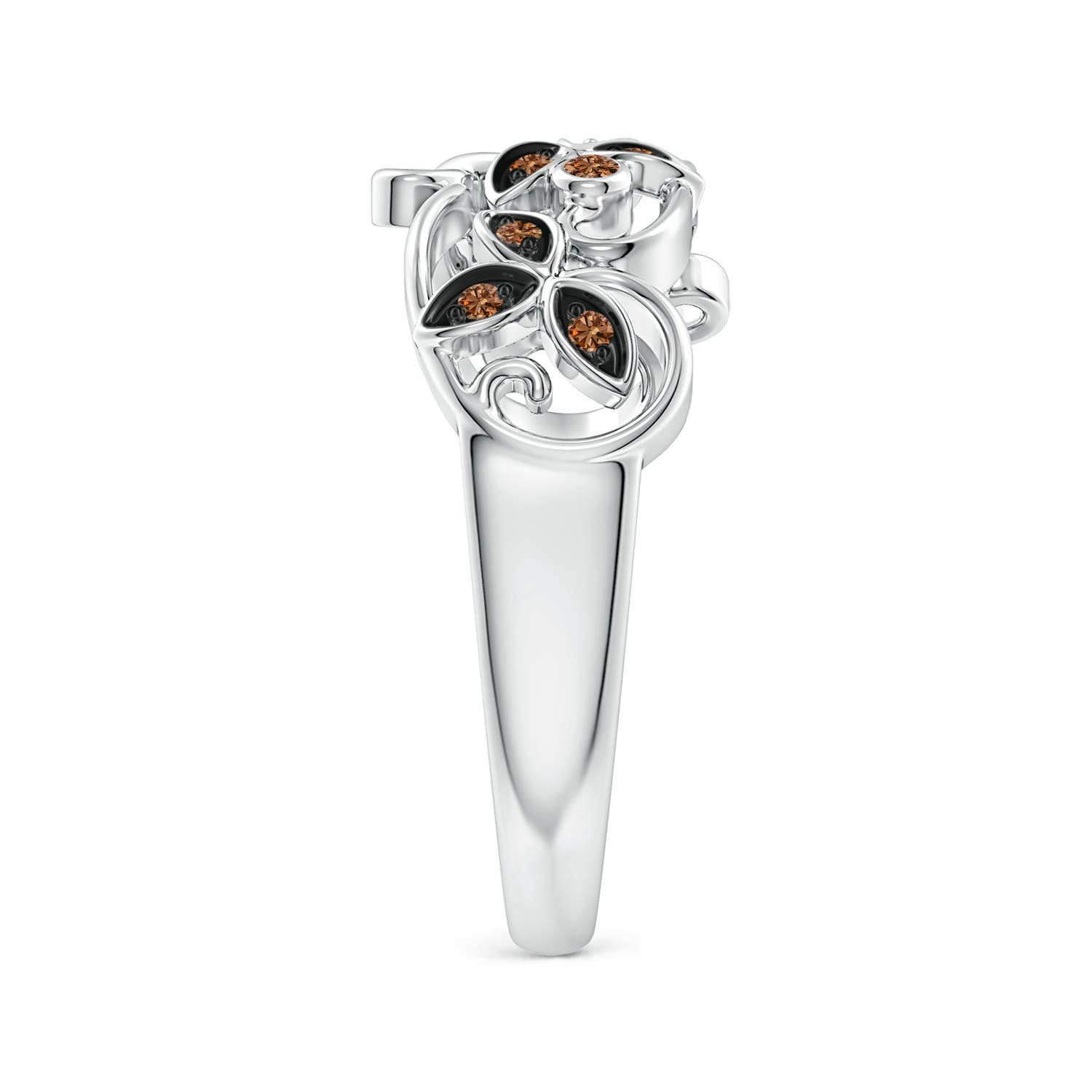 1.5mm AAAA Vintage Style Brown Diamond Flower Scroll Ring in White Gold - side 2