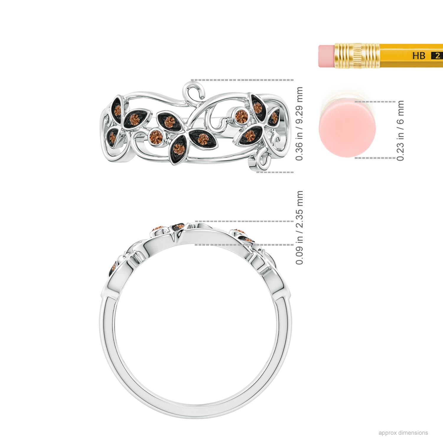 1.5mm AAAA Vintage Style Brown Diamond Flower Scroll Ring in White Gold - ruler