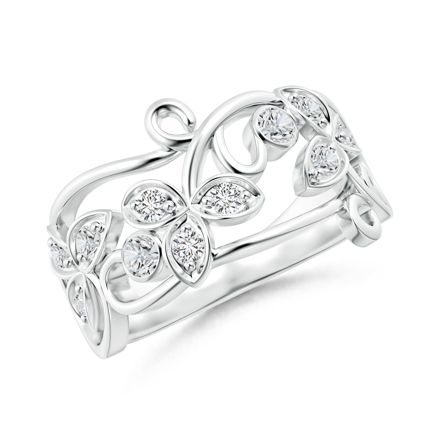 2.5mm HSI2 Vintage Style Diamond Flower Scroll Ring in 18K White Gold