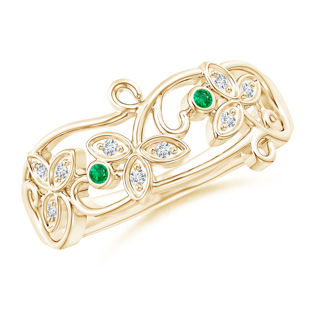 1.5mm AAA Vintage Style Emerald and Diamond Flower Scroll Ring in Yellow Gold