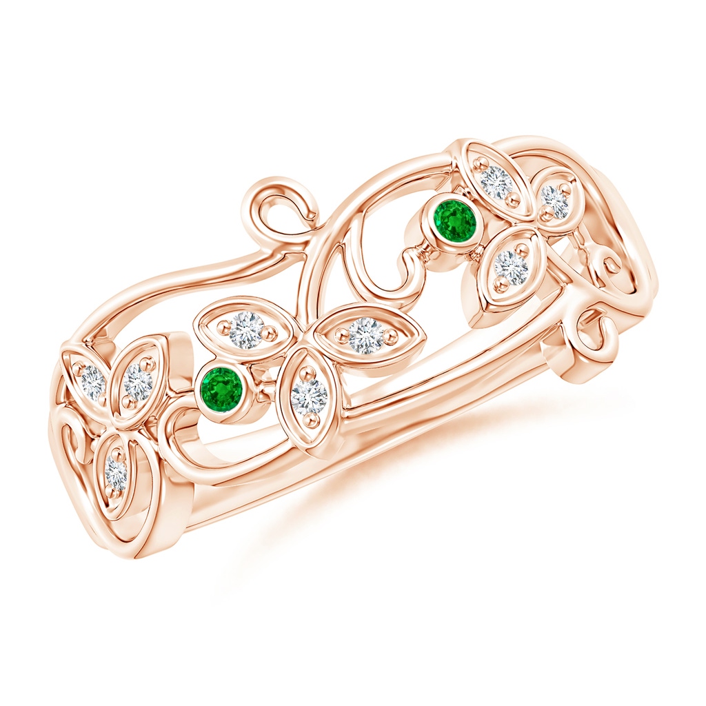 1.5mm AAAA Vintage Style Emerald and Diamond Flower Scroll Ring in Rose Gold