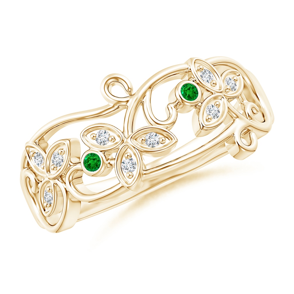 1.5mm AAAA Vintage Style Emerald and Diamond Flower Scroll Ring in Yellow Gold
