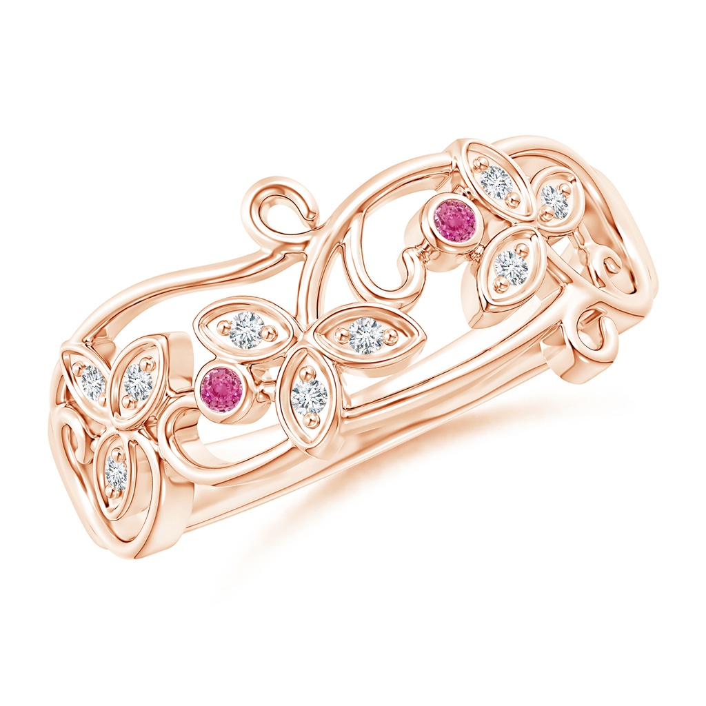 1.5mm AAA Vintage Style Pink Sapphire and Diamond Flower Scroll Ring in Rose Gold
