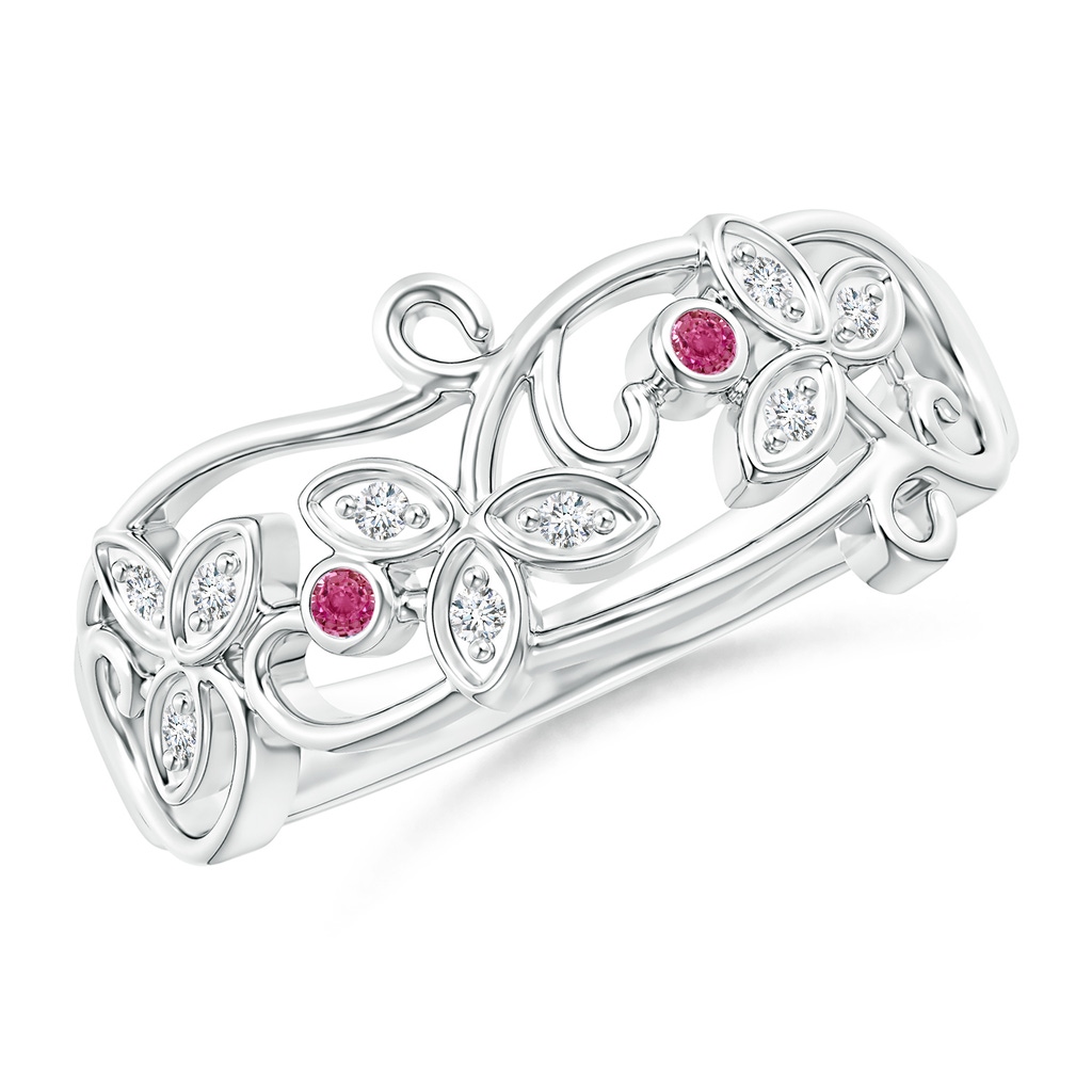 1.5mm AAAA Vintage Style Pink Sapphire and Diamond Flower Scroll Ring in White Gold