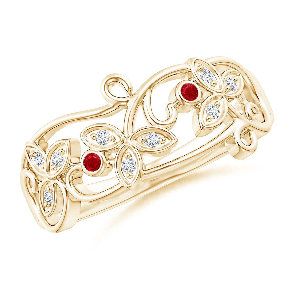 1.5mm AAA Vintage Style Ruby and Diamond Flower Scroll Ring in Yellow Gold